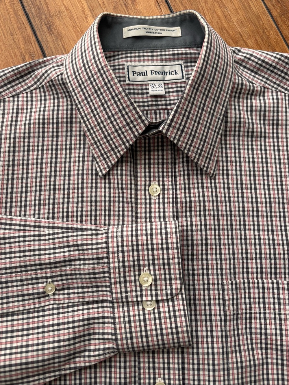 Paul Fredrick Men's Pink and Charcoal Grey Check Dress Shirt